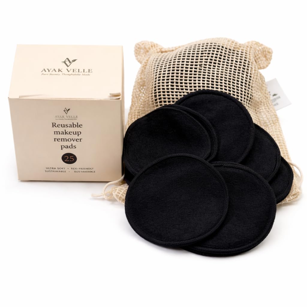 Reusable Bamboo Cotton Makeup Remover Pads, 25 Count, with Mesh Storage Bag, Washable