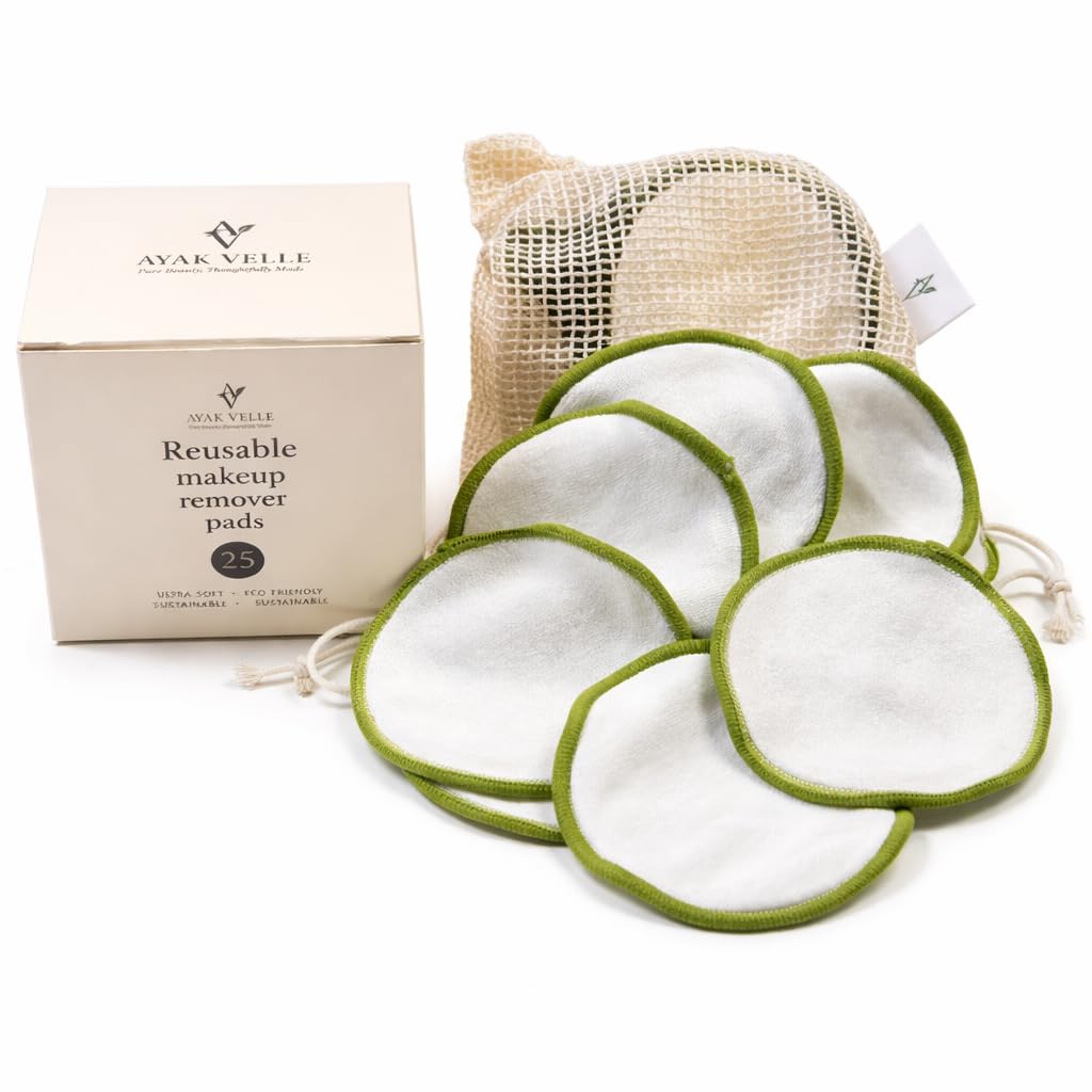 Reusable Bamboo Cotton Makeup Remover Pads, 25 Count, with Mesh Storage Bag, Washable