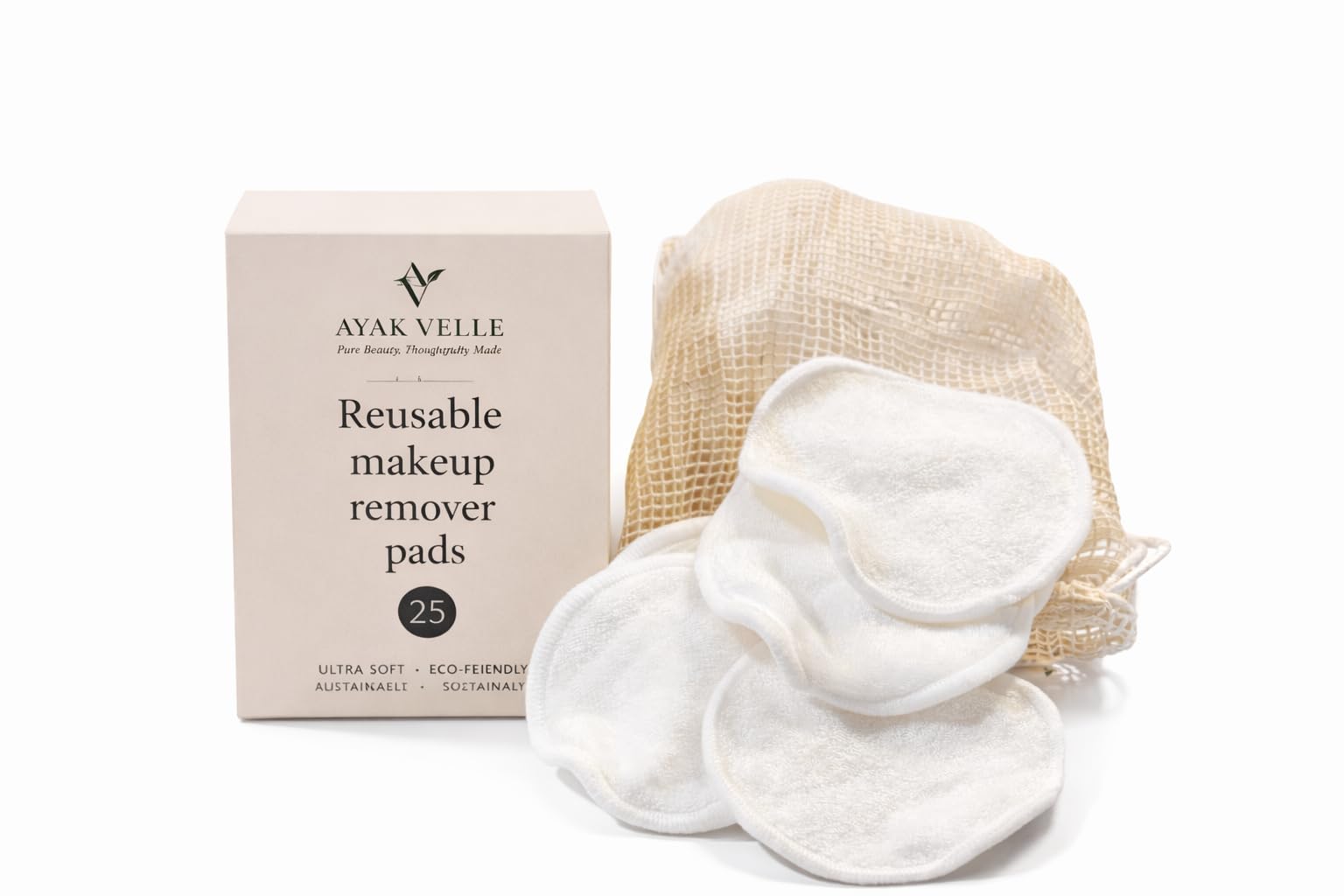 Reusable Bamboo Cotton Makeup Remover Pads, 25 Count, with Mesh Storage Bag, Washable