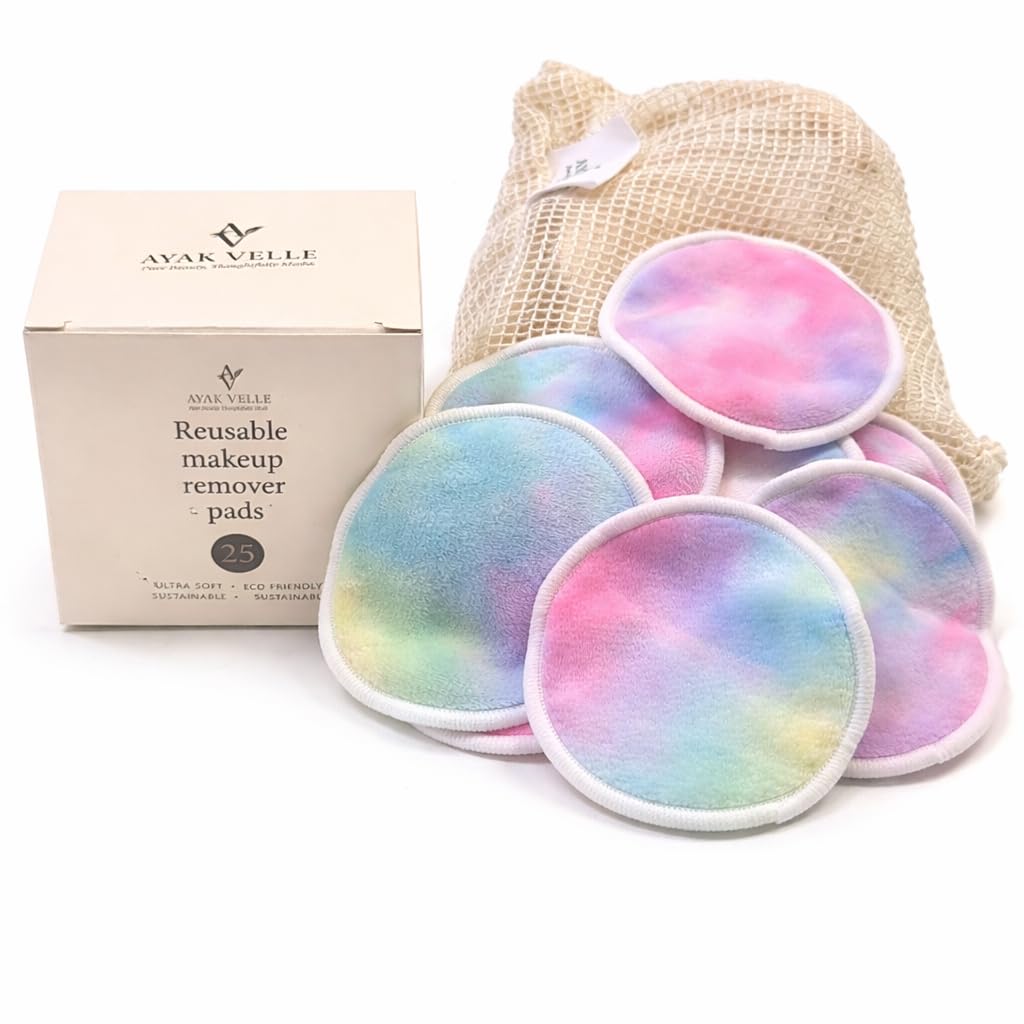Reusable Bamboo Cotton Makeup Remover Pads, 25 Count, with Mesh Storage Bag, Washable